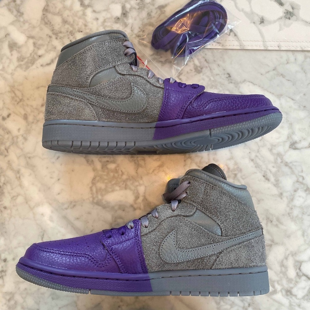 Women Nike Jordan 1 Sneaker Cool Grey Suede Dipped Purple Leather SZ 8.5 CW9857 - Picture 5 of 11